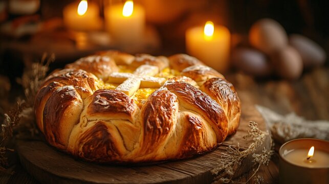 An Orthodox Easter Paska bread with symbolic dough cross decorations, set against a rustic wooden background with warm candlelight