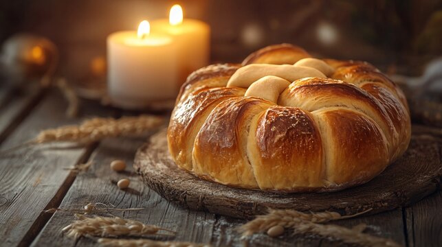An Orthodox Easter Paska bread with symbolic dough cross decorations, set against a rustic wooden background with warm candlelight