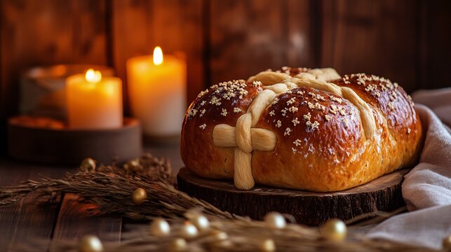 An Orthodox Easter Paska bread with symbolic dough cross decorations, set against a rustic wooden background with warm candlelight