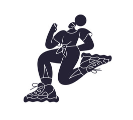 Abstract silhouette of runner in sneakers training, jogging. Shadow of jogger runs fast. Sportswoman does cardio workout, sports exercises. Flat isolated vector illustration on white background