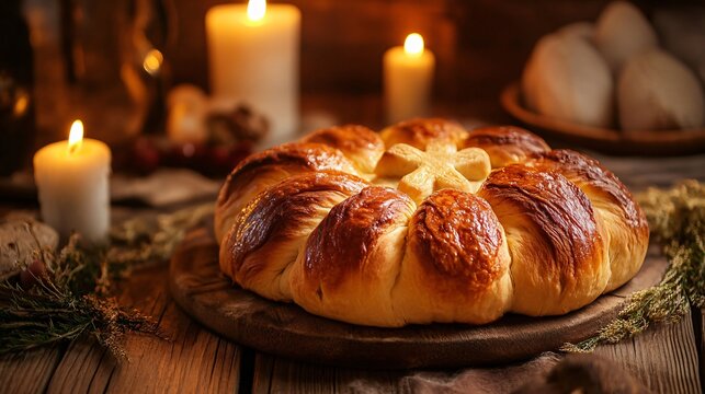An Orthodox Easter Paska bread with symbolic dough cross decorations, set against a rustic wooden background with warm candlelight