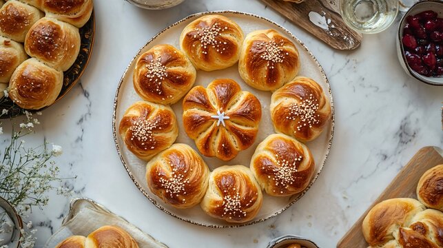 Miniature Paska breads arranged in a circular formation, each topped with a small decorative cross, presented on a festive table