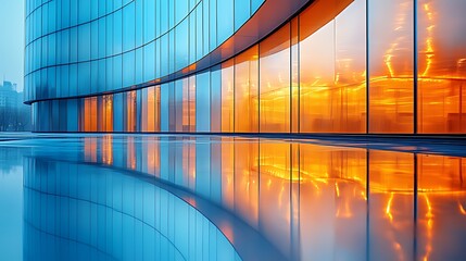 Fototapeta premium Modern glass building reflecting sunset, city backdrop