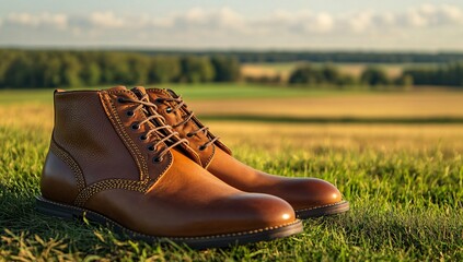 Elegant Brown Leather Boots on Grassy Field Outdoor Nature Scene