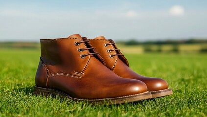Stylish Brown Leather Boots on Green Grass Outdoors Sunny Day