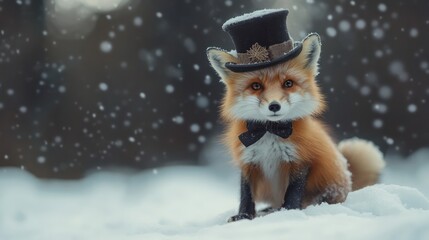 Fototapeta premium A dapper fox in a top hat, sitting in the snow during a winter snowfall, a charming and whimsical scene.
