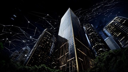 Night cityscape, skyscrapers, network connections, digital technology, urban development, website banner