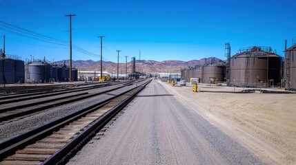 Fototapeta premium Industrial Storage Tanks Near Railroad Tracks and Mountains