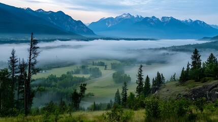 Naklejka premium Mountain Valley Fog Scenic Landscape View
