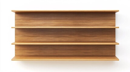 Empty wooden shelf hanging on white wall