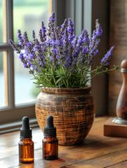 lavender and lavender oil in glass bottles