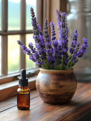 lavender and lavender oil in a glass bottle