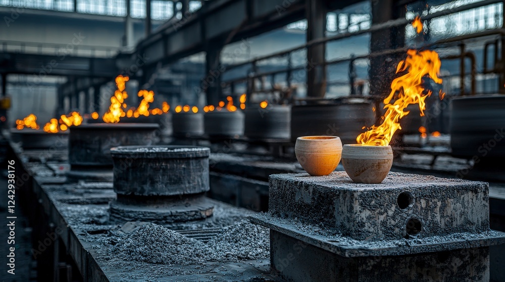 Poster Ceramics manufacturing process in industrial setting fire and material science factory environment close-up view