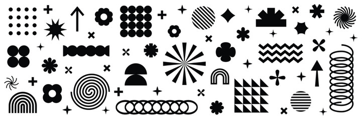 Collection of geometric graphic elements. Brutalist style abstract shapes. Retro design. Vector illustration