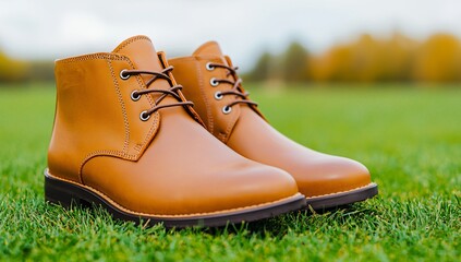 Stylish Tan Leather Boots on Grass Autumn Outdoor Footwear