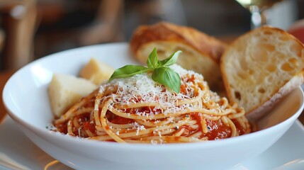 A bowl of classic spaghetti with marinara sauce, topped with freshly grated Parmesan and a sprig of basil, served with garlic bread.