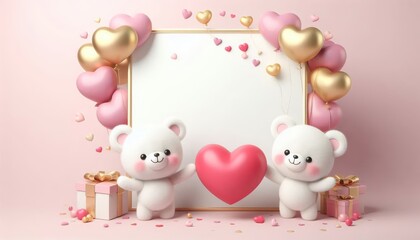 Fototapeta premium valentine's day idea of romantic teddy bears, hug with pink red heart shape, gift box on soft background with copy space 