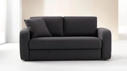 Dark Gray Fabric Sofa with Pillow in Minimalist Setting