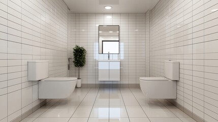 Modern White Bathroom Interior Design with Two Toilets and Subway Tiles