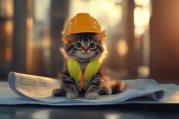 construction site kitten supervisor wearing yellow hard hat and reflective vest, sitting atop blueprints, warm sunset lighting, photorealistic style