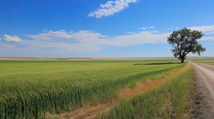 Obraz premium Expansive view of a wide open field with green wheat and grass, dirt road, and an isolated tree under the blue sky, capturing tranquility and harmony.
