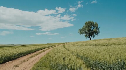 Expansive view of a wide open field with green wheat and grass, dirt road, and an isolated tree under the blue sky, capturing tranquility and harmony.