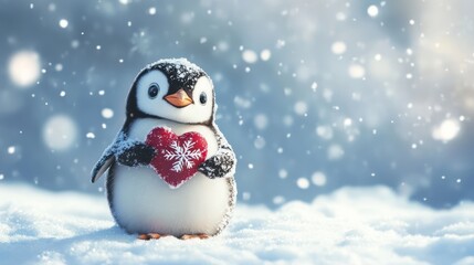 Adorable Penguin in Snowy Wonderland Holding Heart