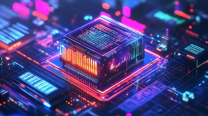 A sleek central processing unit depicted with vibrant neon hues, surrounded by holographic database streams and quantum algorithms visualized in 3D.