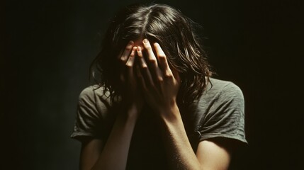 Emotional portrait in dark setting, hands covering face in distress, dramatic shadow photography, soft rim lighting, grey casual attire, long brown hair, intimate psychological study