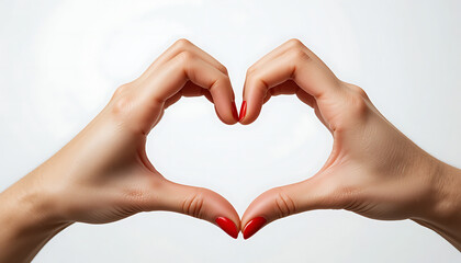 Fototapeta premium A pair of hands with red-painted nails forms a heart shape against a white background, symbolizing love, connection, and affection.