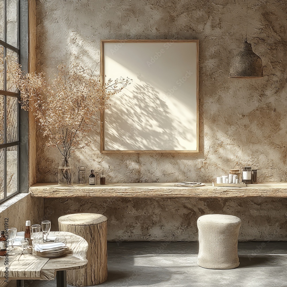 Poster a simple wooden frame hanging horizontally on a beautifully designed wall. the frame has a natural w