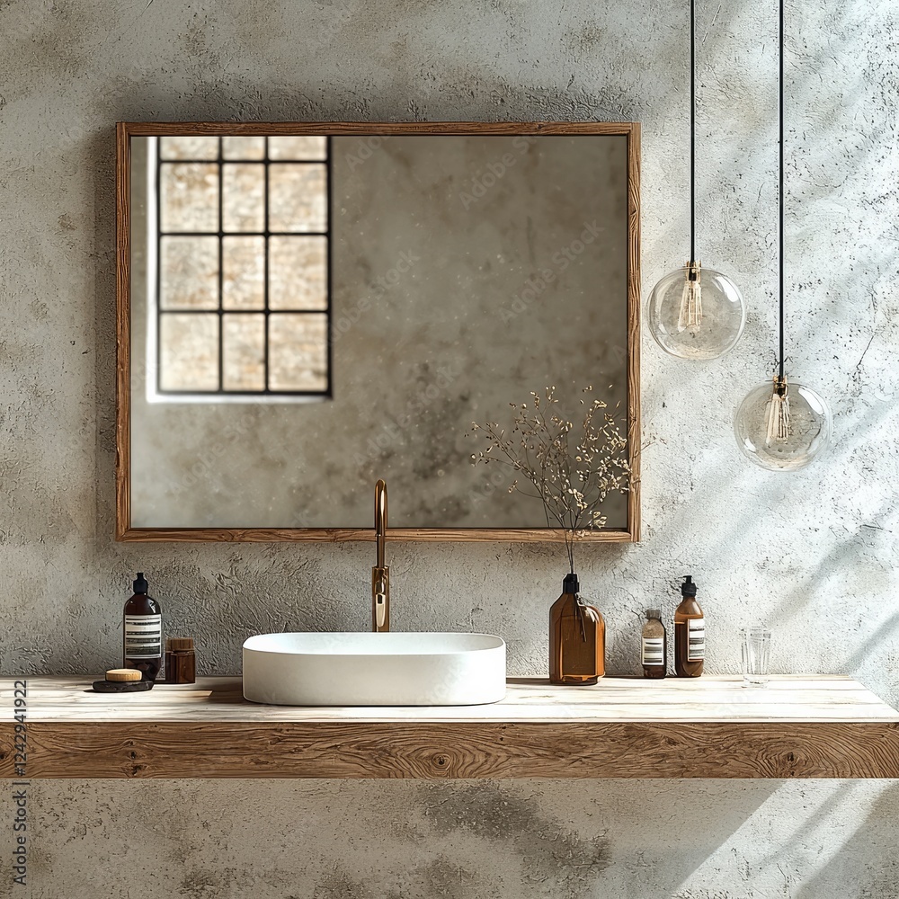 Poster a simple wooden frame hanging horizontally on a beautifully designed wall. the frame has a natural w