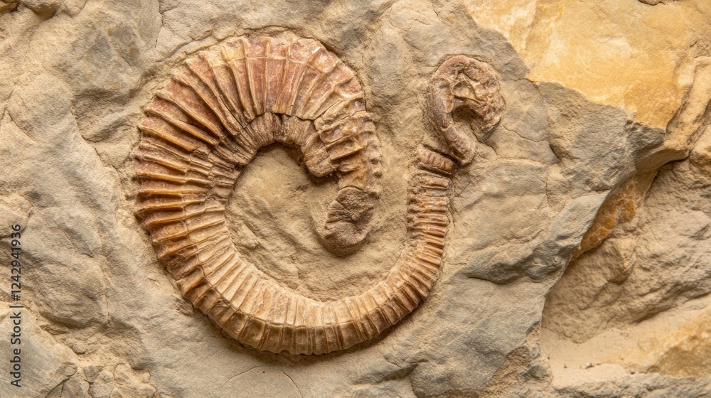 Poster Fossilized coiled creature embedded in ancient rock