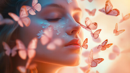 Naklejka premium A woman’s face dissolving into butterflies, their delicate wings fluttering gently around her, soft pastel-colored lighting accentuating the transformation