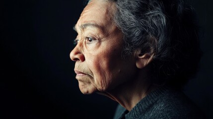 Psychological portrait against black backdrop, woman showing signs of emotional pain, muted colors, minimalist composition, dramatic side lighting, expressive face partially covered