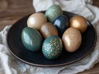 Decorative iridescent Easter eggs in a modern black bowl