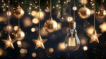 Golden Christmas ornaments & lightbulb. Festive background, holiday card