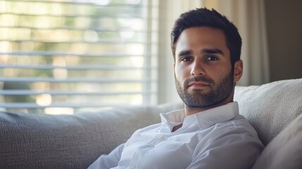 Intimate home photography of mental strain, subject in white shirt on couch, gentle natural window light, shallow depth of field, lifestyle documentary approach