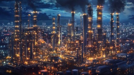 Fototapeta premium Nighttime Industrial Complex Illuminates City Skyline