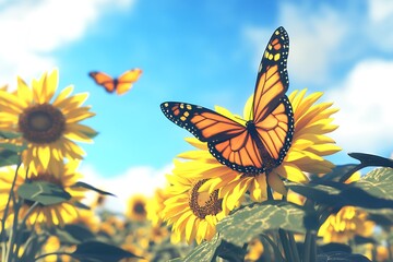 A tranquil moment of a butterfly soaring among sunflowers, showcasing the bright yellow petals against the azure sky in a peaceful garden view.