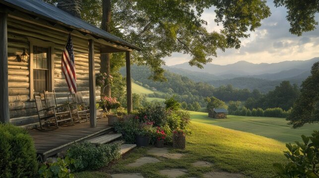 Log Cabin Porch Mountain View American Flag
