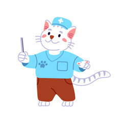 Cute anthropomorphic cat pediatrician in medical uniform cares about kids' health. Happy animal pediatric doc. Kitten medic, kitty physician. Flat isolated vector illustration on white background
