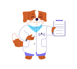 Happy animal medic holds clipboard. Cute anthropomorphic pup pediatric doc in medical coat with tablet of papers. Dog pediatrician, puppy physician smiles. Flat isolated vector illustration on white