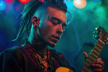 Obraz premium Young Musician with Multiple Facial Piercings A charismatic young musician with a septum ring, snake bite piercings