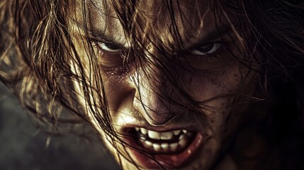 Intense facial expression macro shot, dramatic emotional portrait, disheveled brown hair strands, dark vignette background, natural teeth detail, moody lighting setup, photorealistic style
