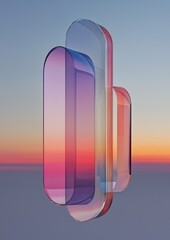 Abstract digital art piece that appears to be a 3d rendering of three overlapping shapes. the shapes are made up of different shades of pink, purple, and orange, creating a gradient effect.