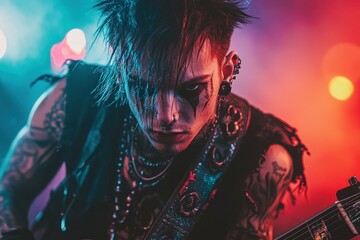 Young Musician with Multiple Facial Piercings A charismatic young musician with a septum ring, snake bite piercings