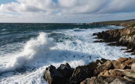 Rocky coastline with waves crashing ashore