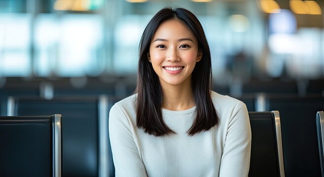 A beautiful Asian woman with medium-length hair, wearing light-colored and smiling at the camera in an airport waiting area, sitting on chairs facing forward