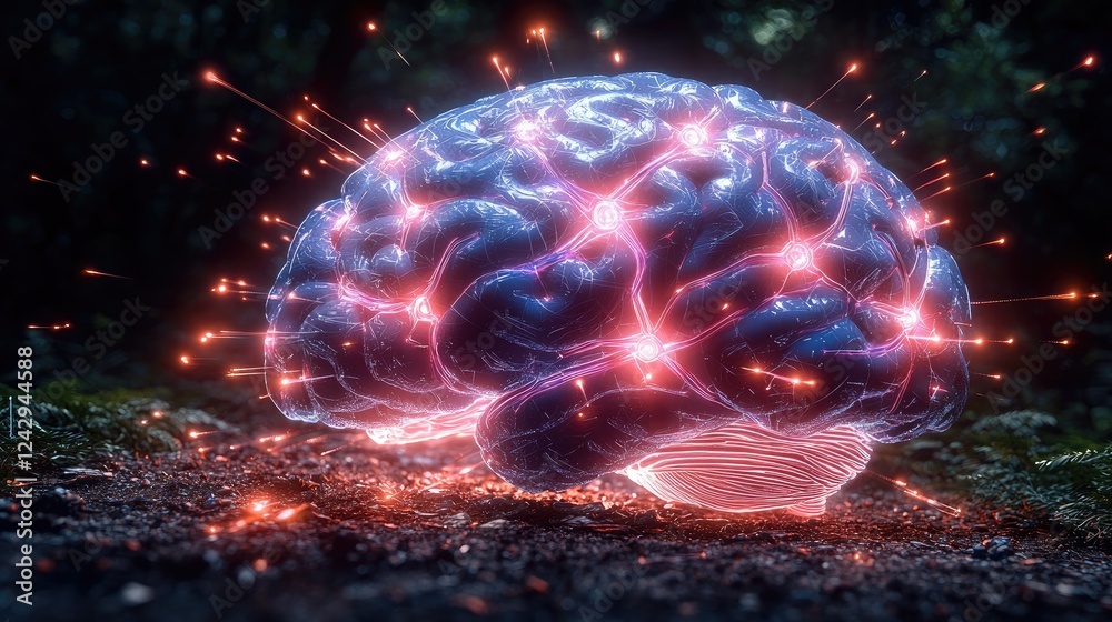 Fototapete A futuristic AI brain, intricately designed with glowing neural pathways, illuminating in a burst of electric blue and violet light. with circuits and data streams pulsating throughout.